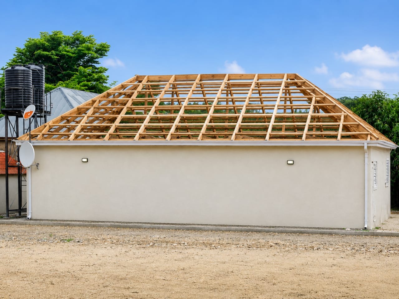 Timber roof frame set out on a bungalow before covering