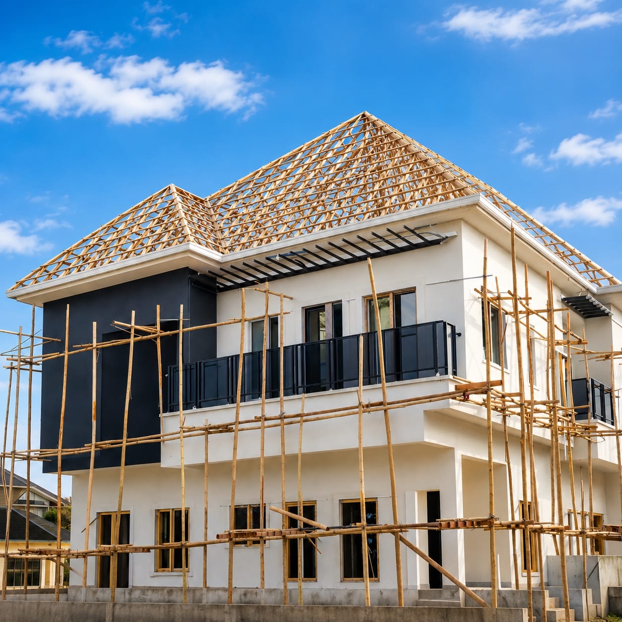 Timber roof trusses erected on a two-storey duplex
